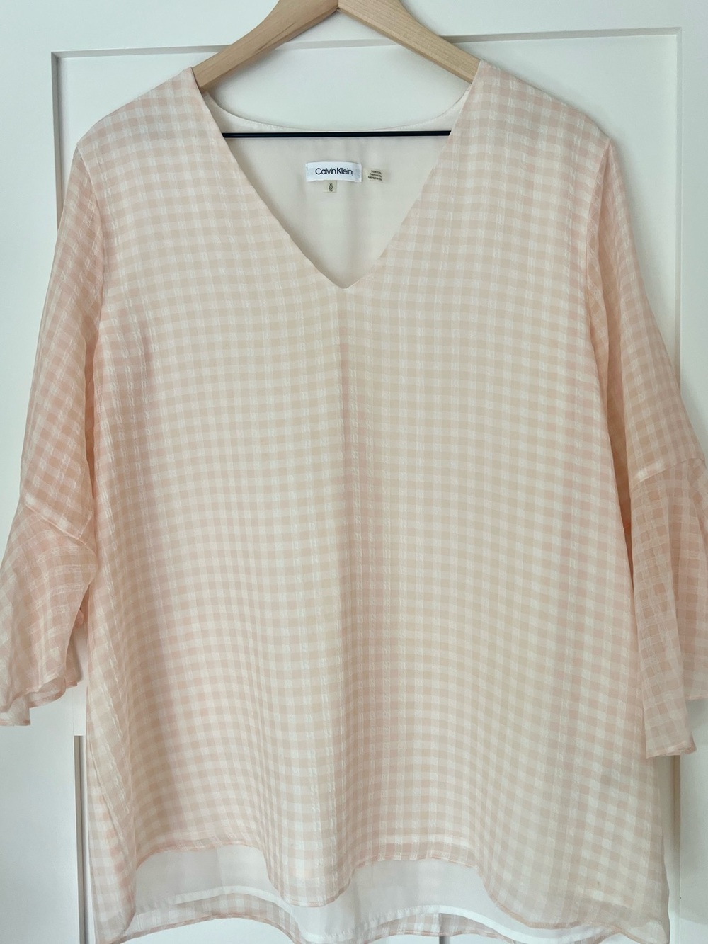 Calvin Klein Blush Pink Gingham Sheer Overlay Blouse XL